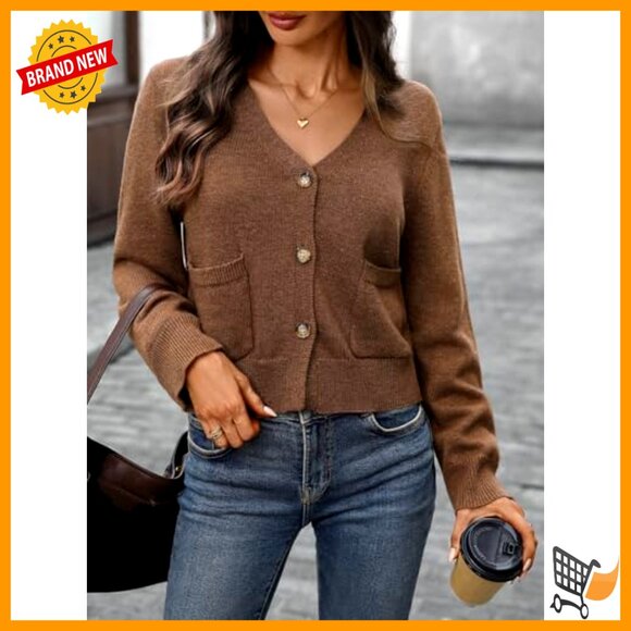 Oversize Cropped Cardigan Sweater V Neck Long Sleeve Button Front Pockets - Picture 2 of 7